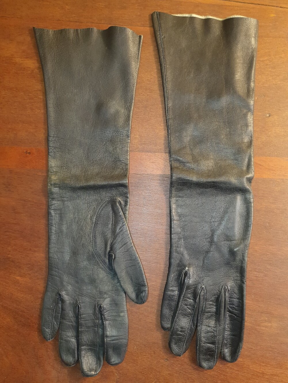 Vintage 50s Three Quarter Long Black Kid Leather Gloves